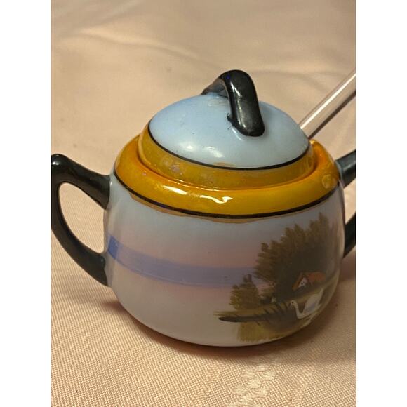 Morimura Porcelain Sugar Bowl, Lid & Glass Spoon Scenic design 2.75 in tall EUC - Picture 11 of 16